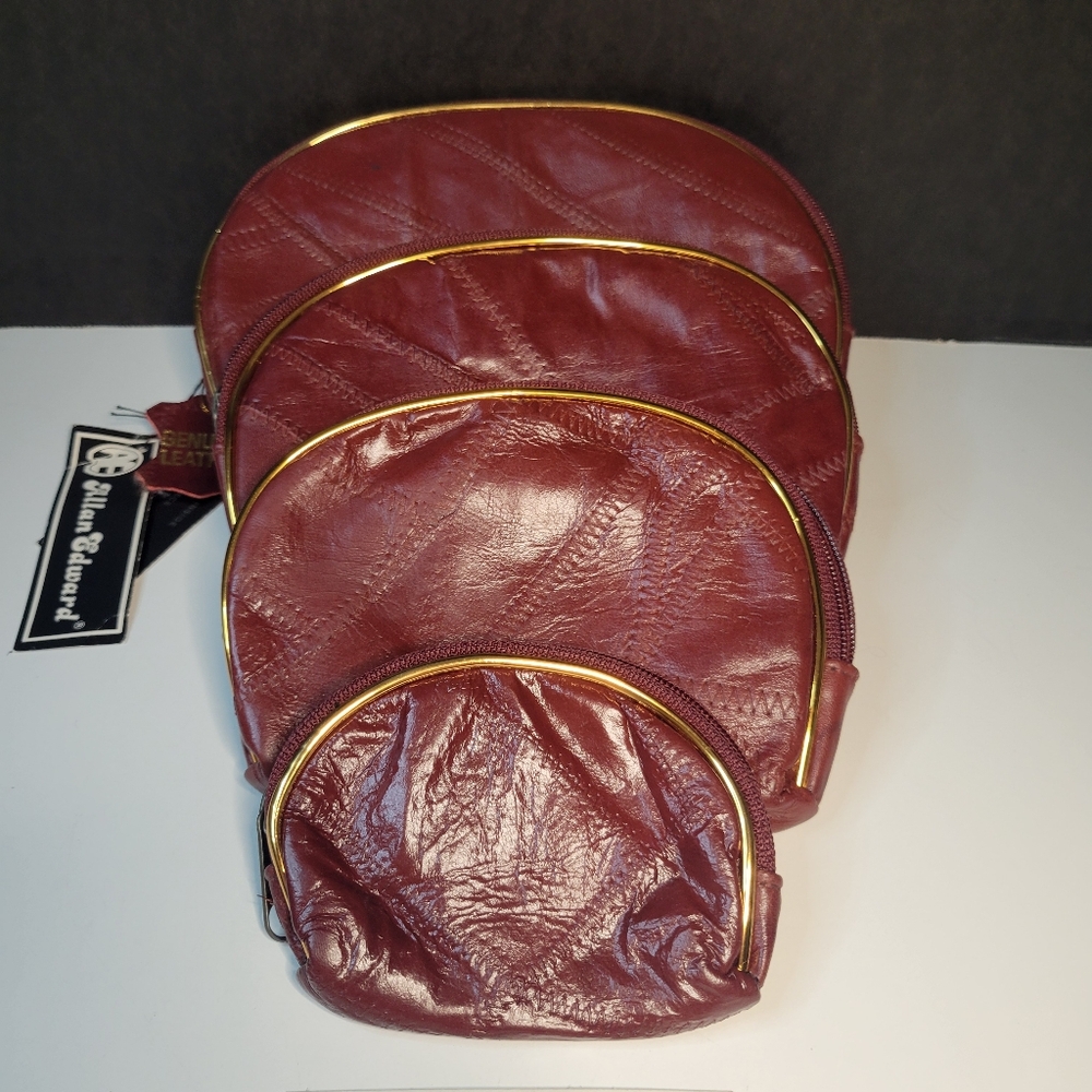 Vintage Set 4 Burgundy Red Leather Patchwork Zip Cosmetic Bag Coin Purse Makeup